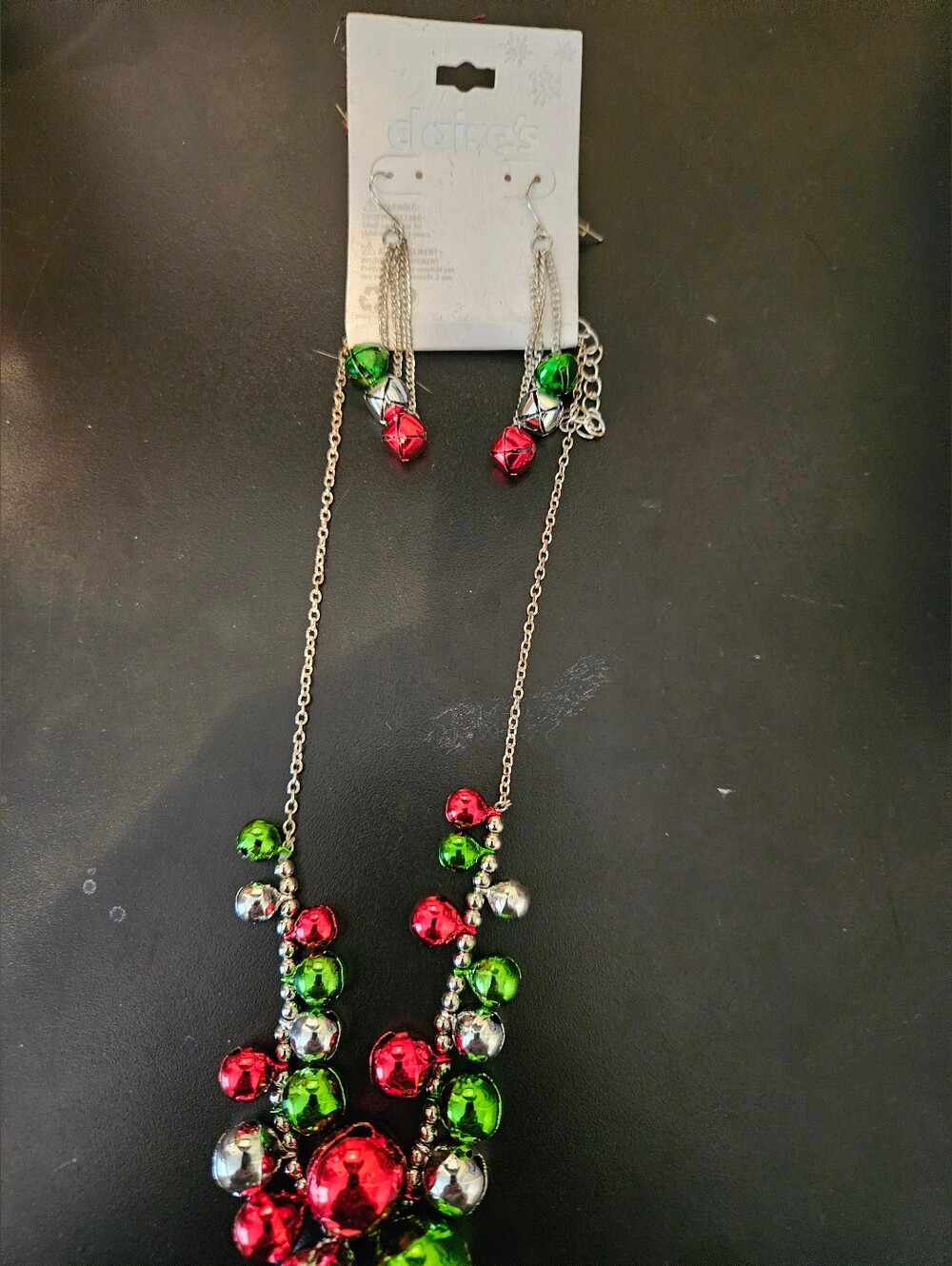 Nwt Claire's Festive Red & Green Bell Necklace and Earrings Set